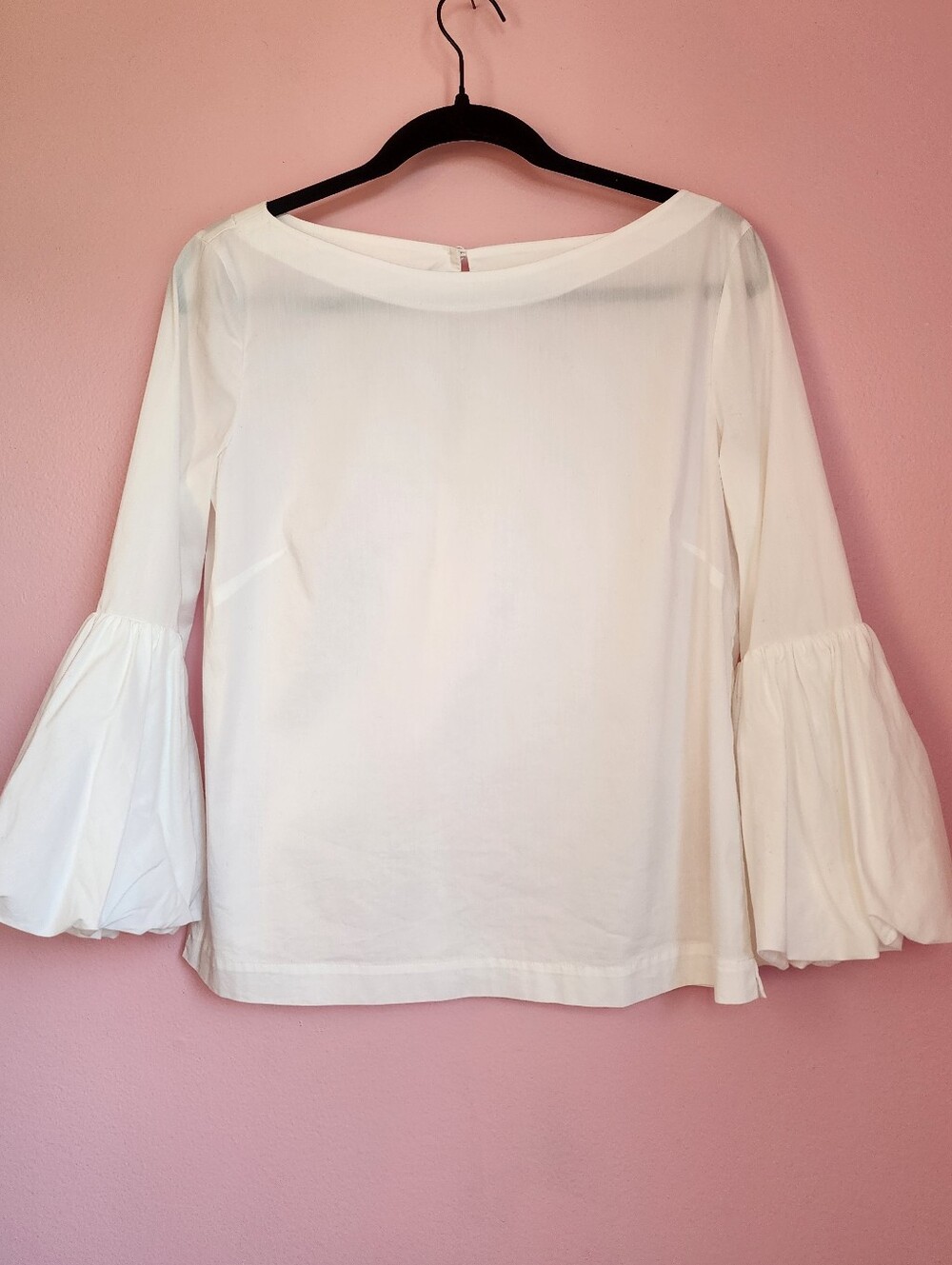 White Cotton Blend Bell-Sleeve Blouse With Boat Neckline Women's Small